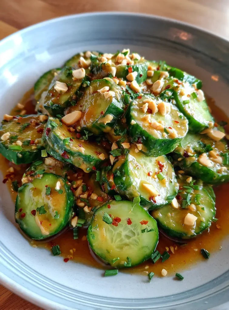 Close-up of a refreshing peanut butter cucumber salad served in a white bowl, featuring thinly sliced cucumbers coated in a creamy peanut dressing, topped with chopped peanuts and fresh herbs.