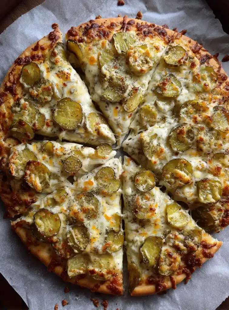 Baked pickle pizza recipe cooling on a wooden board with melted cheese and garlic sauce base visible.