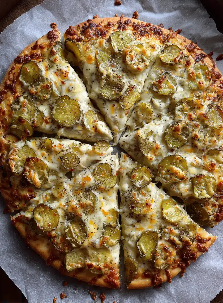 Baked pickle pizza recipe cooling on a wooden board with melted cheese and garlic sauce base visible.
