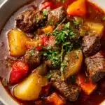 Hearty beef stew recipe with potatoes and carrots served in a white bowl with parsley garnish