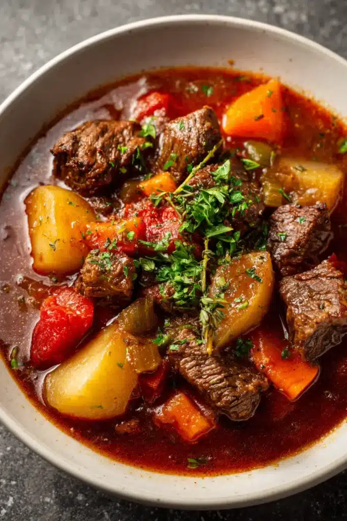 Hearty beef stew recipe with potatoes and carrots served in a white bowl with parsley garnish