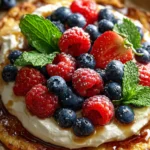 Freshly baked Whipped cottage cheese flatbread with honey & berries, honey drizzle, and mint leaves on parchmen