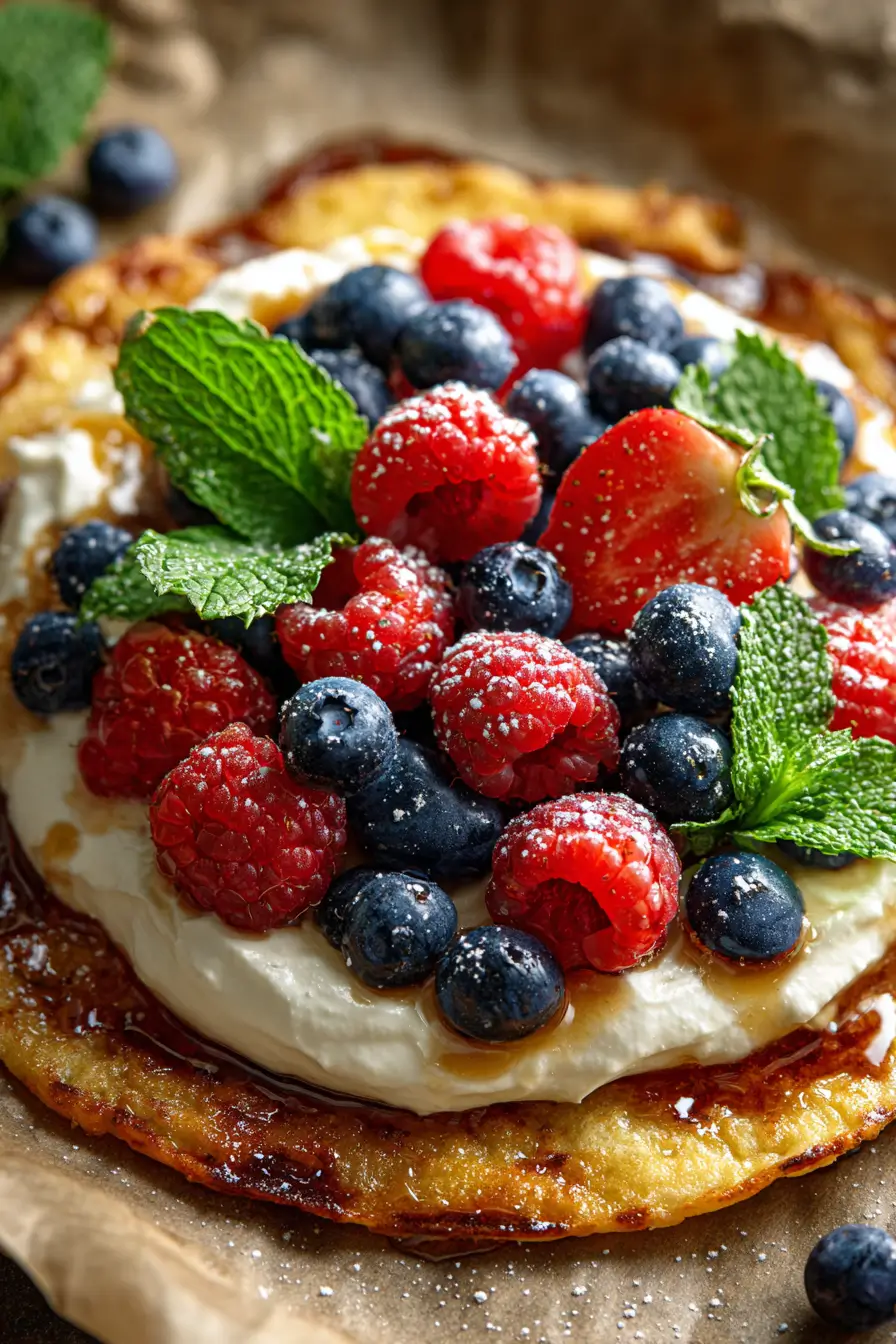 Whipped Cottage Cheese Flatbread with honey & berries - Easy 20-Minute Treat! 3 Freshly baked Whipped cottage cheese flatbread with honey & berries, honey drizzle, and mint leaves on parchmen