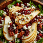 Bowl of Pear, Apple & Cranberry Salad with Feta topped with candied pecans and homemade maple Dijon dressing.