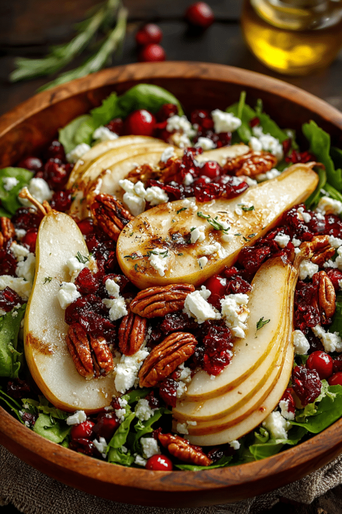 Bowl of Pear, Apple & Cranberry Salad with Feta topped with candied pecans and homemade maple Dijon dressing.